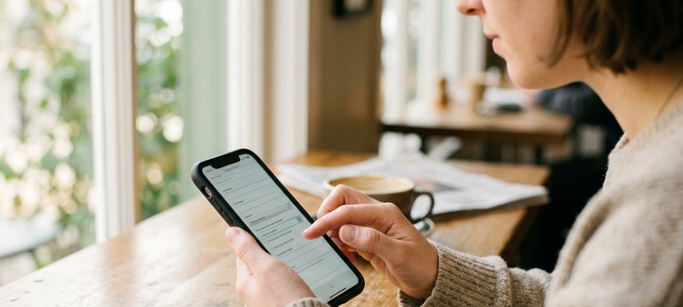 Someone filling in a job application form on their phone at a sunlit cafe table