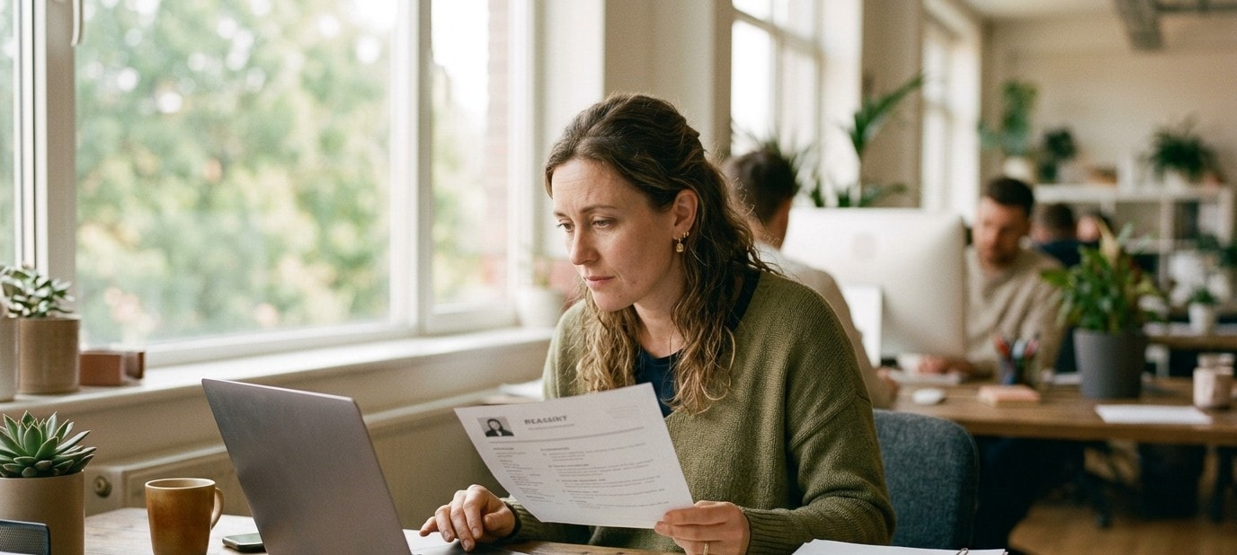 A hiring manager reading a printed CV at her desk beside a laptop and a tall stack of applications