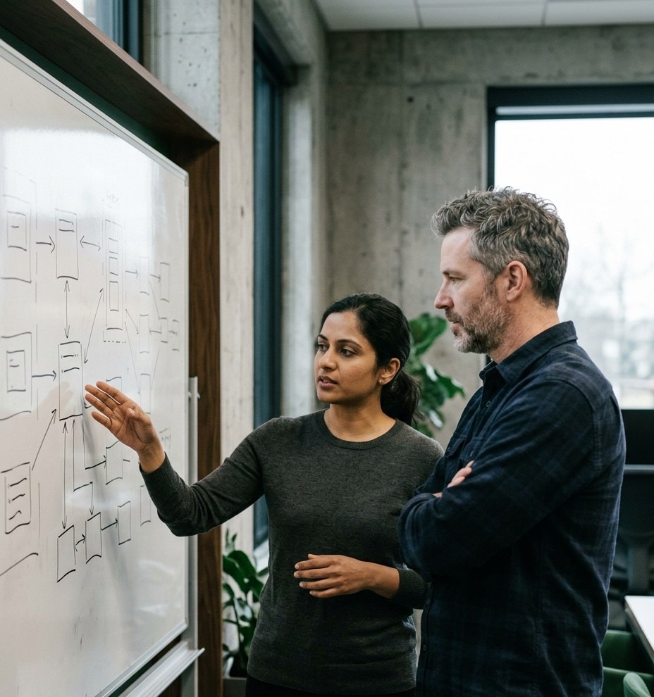 An Indian engineering manager and a Caucasian senior engineer at a whiteboard of system diagrams, working out who the team needs
